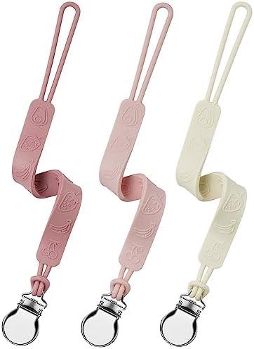Silicone Pacifier Clip, Seposeve Pack of 6 Baby Pacifier Teether Clip with 4 Texture, Soft Flexible Silicone Pacifier Leashes & Cases for Boy and Girl, Keeps Pacifier Clean, Purple Pink White
