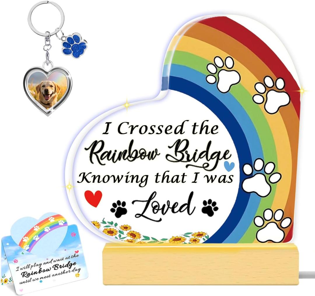 Rainbow Bridge Dog Memorial Gifts for Loss of Dog Cat Christmas Gift,5.9 Acrylic with LED Light/Picture Frame Keychain with Paw Prints/Sympathy Card Pet Sympathy Bereavement Gifts for Pet Lovers(Paw)