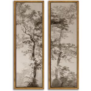 Framed Vintage Tree Sketch Wall Art,Tall Narrow Sepia Antique Forest Prints, 24"Lx8"W