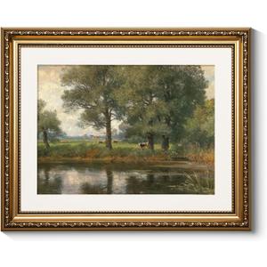 ARPEOTCY Vintage Gold Framed Wall Art, Retro Riverside Landscape Paintings, Canvas Prints Pictures Frame Artwork, Victorian Wall Decor for Living Room Bedroom Bathroom, 13x16 inch