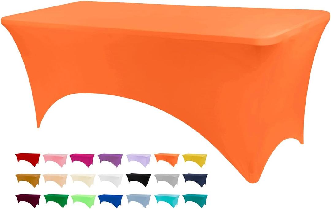 BDDC 4ft Table Cover Fitted, Orange Spandex Table Covers, Washable and Wrinkle Resistant Stretch Tablecloths Rectangle for Events, Wedding, Banquets, Parties