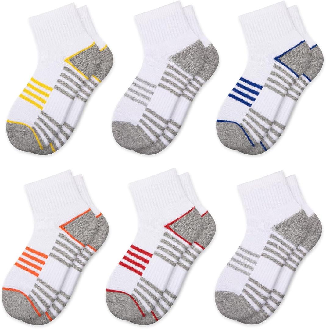 Comfoex Boys Athletic Quarter Socks - Ankle Sports Socks With Cushioned Sole - 6 Pairs, Sizes 4-6, 6-8, 8-10 Years Old
