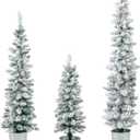 HAPPYGRILL Snow Flocked Potted Christmas Tree Set of 3, 3 4 5 Slim Pencil Xmas Trees w/ 120 140 160 Branch Tips, Silver Metal Buckets, Artificial Entrance Xmas Trees for Holiday Home Decoration