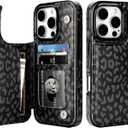 HAOPINSH for iPhone 16 Pro Wallet Case with Card Holder, Black Leopard Cheetah Pattern Back Flip Folio PU Leather Kickstand Card Slots Case for Women Girls, Double Magnetic Clasp Shockproof 6.3"