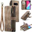 UEEBAI Wallet Case for Samsung Galaxy S10 Plus, Premium Handmade PU Leather Phone Case Card Slots Magnetic Closure Zipper Pocket Kickstand Flip Case with Hand Strap - Vintage Brown