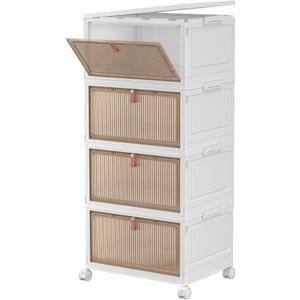 4 Tier Stackable Storage Bins with Lids, 28Qt Plastic Storage Containers with Magnetic Doors & Wheels, Convenient Storage Bins Closet Organizers, Rigid Household Organization for Home (White)