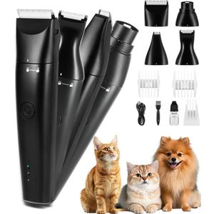4 in 1 Dog Clippers, USB-C Rechargeable Dog Grooming Clipper Kit Nail Ginder with Two Speeds, Cordless Pet Cat Trimmer Shavers for Thick Hairs for Poodle, Small Pets