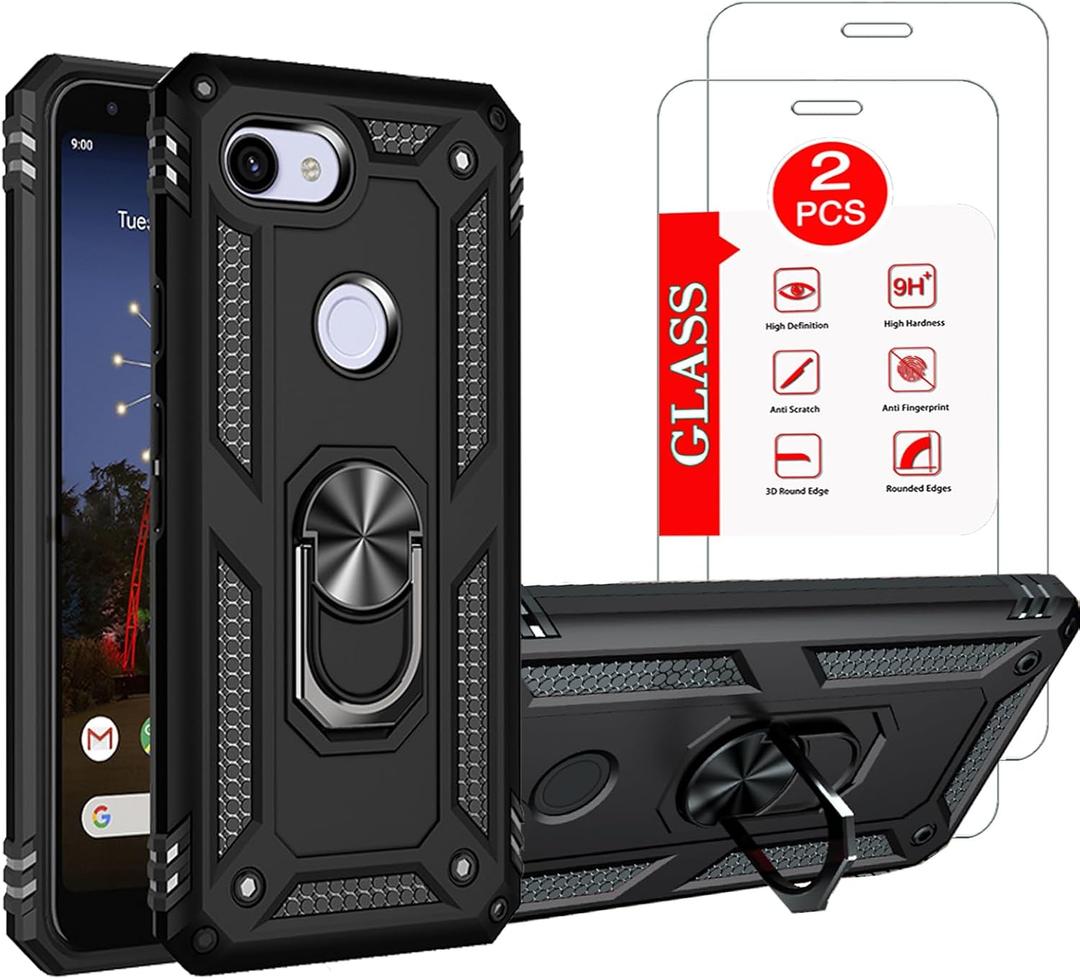 for Google Pixel 3A Case with [2 Pack] Tempered Glass Screen Protector, for Google Pixel 3A Heavy Duty Armor [Military-Grade] ProtectiveMagnetic Ring Stand Phone Case Black