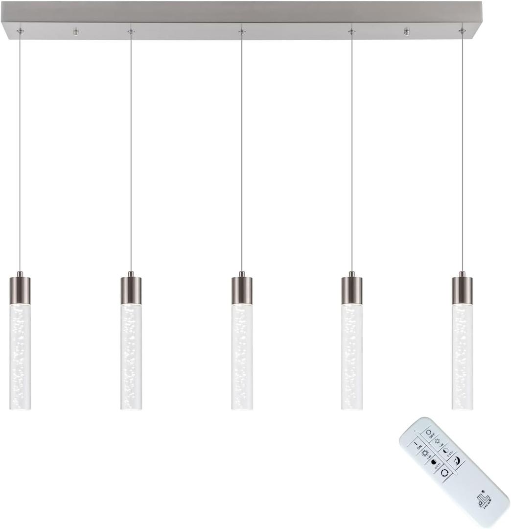 Pendant Light Kitchen Island with Remote Control - Brushed Nickel Adjustable Height Kitchen Island Light, 3000K/4000K/6000K Dimmable LED Handing Light for Dining Room, Bar, Hallway