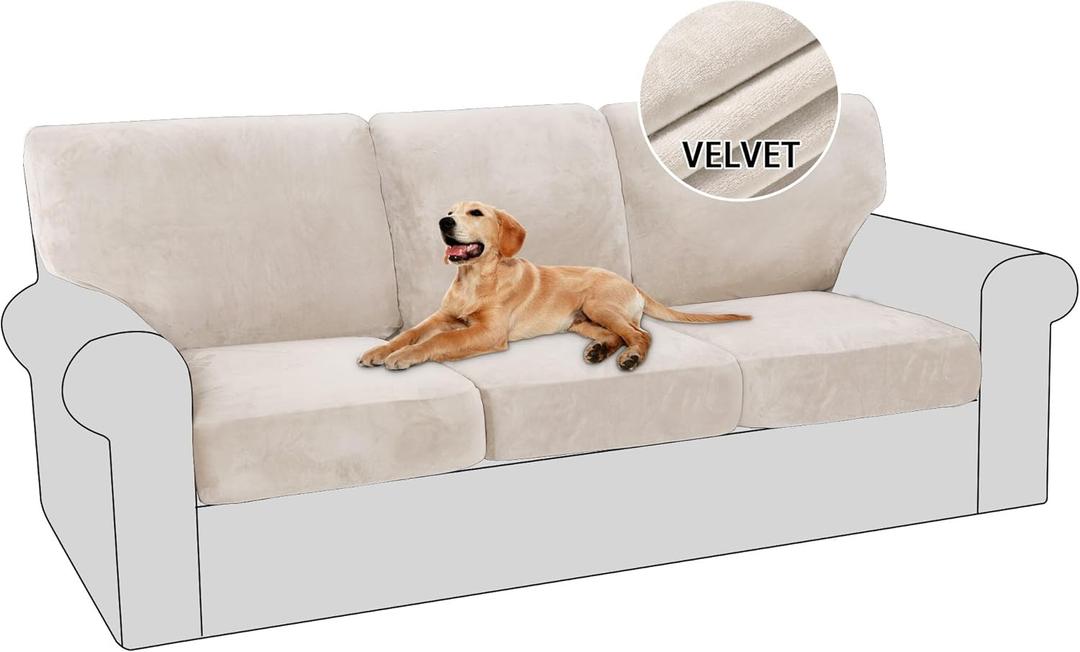 PrinceDeco 6 Piece Luxury Thick Velvet Sofa Covers3 Base Cover Plus 3 Seat Cushion Covers Couch Covers for 3 Cushion Couch Sofa Couch Cover for Dogs, Machine Washable(Sofa, Ivory) (3 Seat Covers + 3 Back Covers)