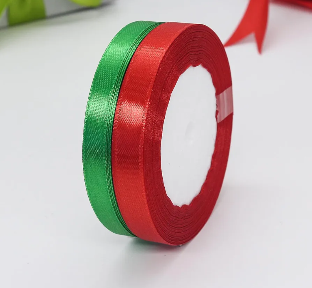 Gift Wrapping Satin Ribbon for Flower Bouquet Arts Crafts Sewing 25 Yard Each Roll Ribbon for Merry Christmas Decoration (Christmas Red Green-1, 3/8 inch Width) Pack of 2