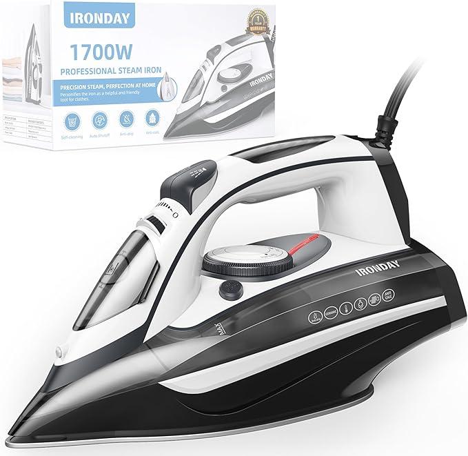 IRONDAY 1700W Steam Iron for Clothes 20s Fast Heatup, NonStick Ceramic Soleplate, 14.07oz Large Water Tank, AutoOff, Burst Steam, SelfCleaning, roning Clothes for Home