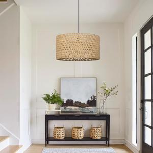 Arturesthome Rustic Woven Pendant Light,Hemp Rope Drum Lampshade Coastal Ceiling Hanging Lighting Fixture,Farmhouse Chandelier for Kitchen Island Dining Table Room D15.74*7.8 (40CM*20CM)