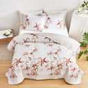 Botanical Quilt Set 3 Pieces King, Burnt Orange Leaves on White Design Reversible Bedspread Coverlet Set, Soft Microfiber Lightweight Bed Cover for All Season (102" x 90", 1 Quilt+ 2 Pillow Shams)
