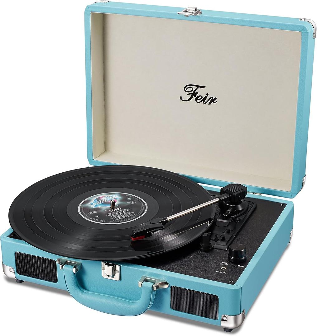 Vinyl Stereo Blue Record Player 3 Speed Portable Turntable Suitcase Built in 2 Speakers RCA Line Out AUX Headphone Jack PC Recorder