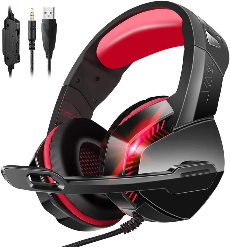 PHOINIKAS PS4 Gaming Headset with 7.1 Surround Sound, PC Headset with Noise Canceling Mic & LED Light, H3 Over Ear Headphones for Nintendo Switch, PS5, Xbox One, Laptop (Red)