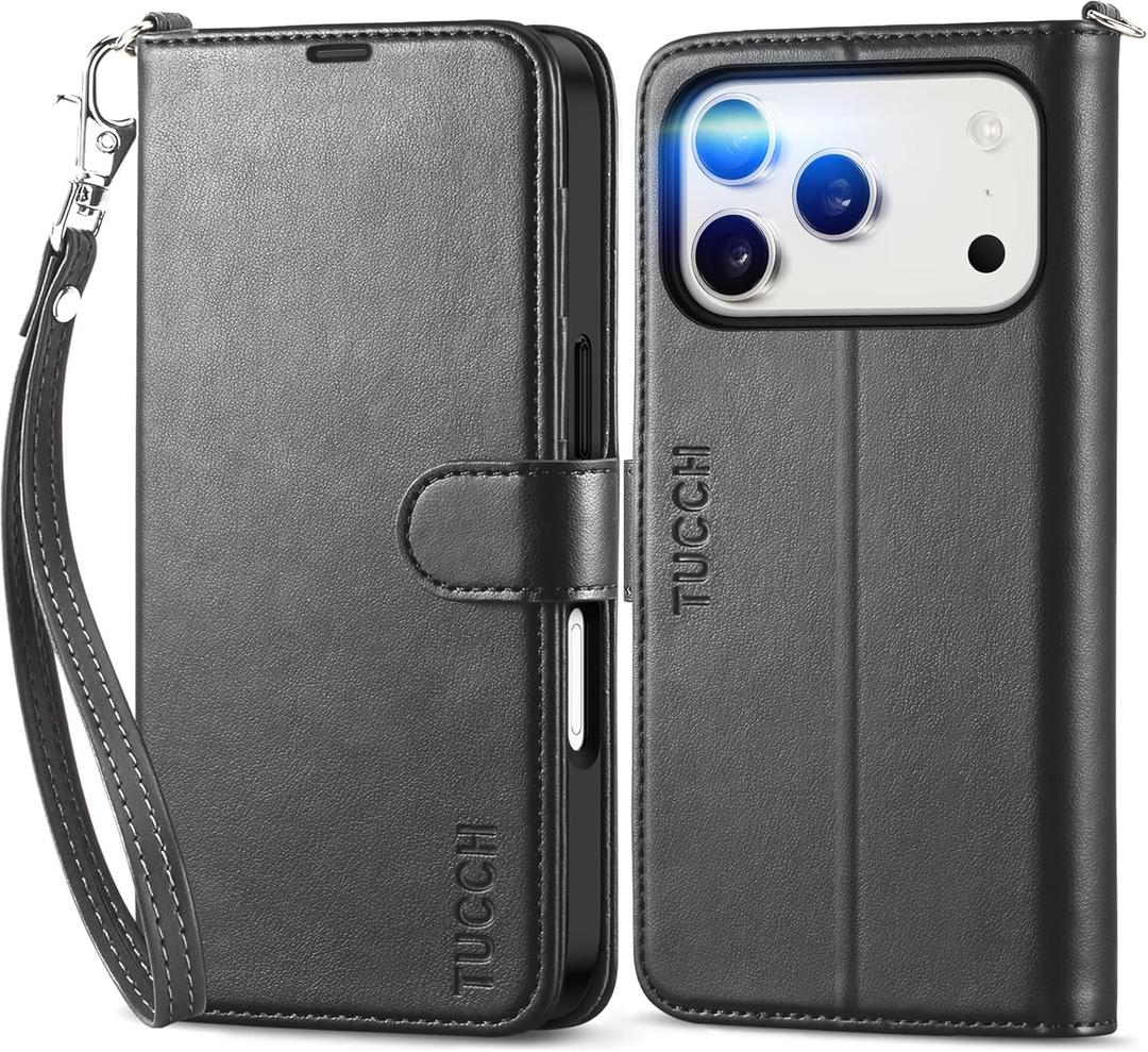 TUCCH Wallet Case for iPhone 17 Pro (6.3") 2025, Wrist Strap RFID Blocking 4 Card Slots, Kickstand, Shockproof TPU Shell, PU Leather, Magnetic Closure, Protective Flip Folio Cover, Black