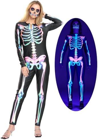 JUST FOR PARTY Women Halloween Skeleton Costume, Double-Sided Rainbow Skeleton Jumpsuit, Blacklight Responsive By UV Light 12-14 (L)