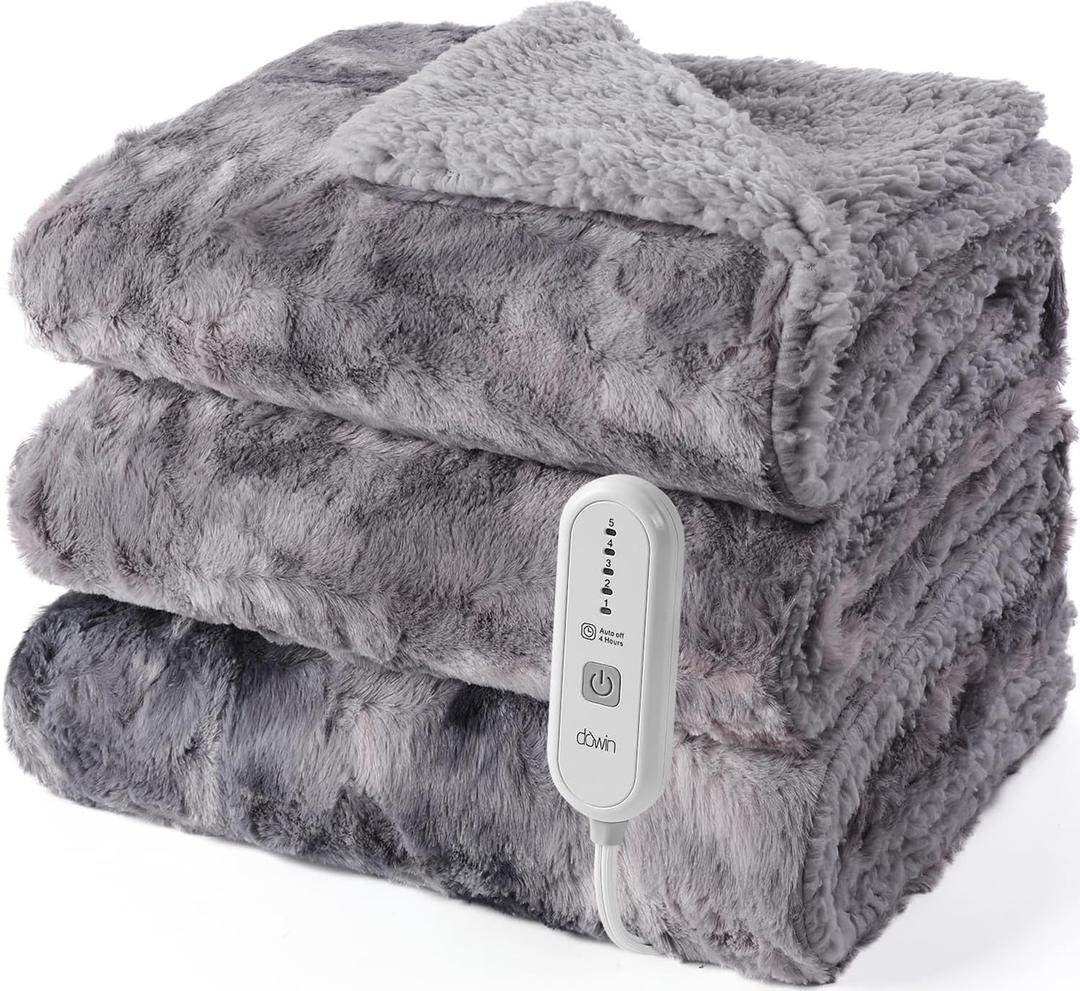 Dowin Heated Blanket King Size, Dual Controllers Faux Fur Electric Blankets, Tie-dye Plush Heating Blanket, Over-Heat Protect, 5 Heating Levels, Machine Washable (100"x 90" Grey)
