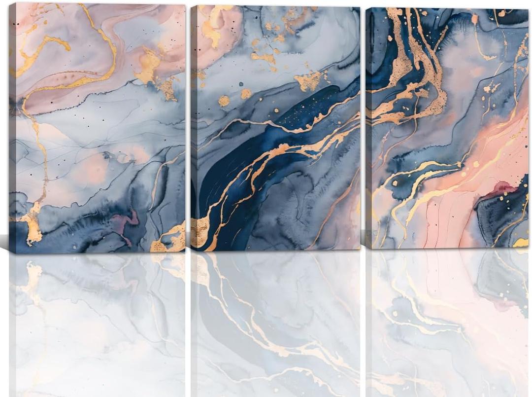 Abstract Canvas Wall Art 3 Piece Blue Pink and Gold Picture Prints Fluid Marble Texture Paintings for Living Room Bedroom Bathroom Decor Framed(Abstract-5,16.00" x 24.00" x 3Pcs)