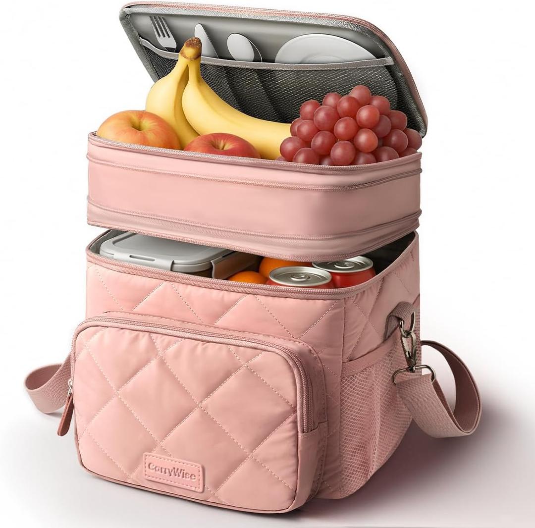 Lunch Bag Women Double Layer Lunch Bag Puffer Insulated Lunch Box Waterproof Bottom Large Lunch Box for Women for Work or Travel,Pink