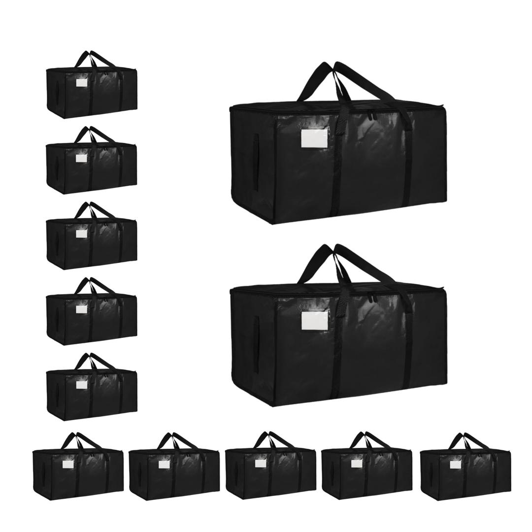 12 Pack-Extra Large Heavy Duty Moving Bags - Waterproof Storage Totes with Handles & Zippers, Foldable for College Dorm, Storage (Black)