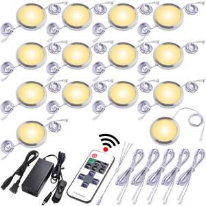 Under Cabinet LED Puck Lights, Counter Closet Lighting, Daisy Chained linkable, 110V Plug-in & Direct Hardwiring, Wireless RF Remote Control Dimmable, White Cables, Warm White, 14 Lights