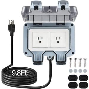 Outdoor Power Outlet Box with 9.8Ft Extension Cord, NEMA 5-15R, STW 14 AWG, Weatherproof Waterproof IP66 Electrical Outlet Extender, Exterior Wall Power Socket w/Cover for Garden