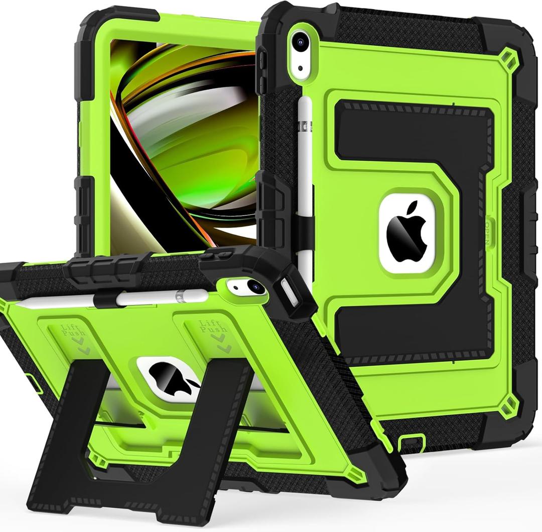 Case for iPad (A16) 11th Generation 11 Inch 2025, iPad 10th Generation Case 10.9 Inch 2022, Heavy Duty i Pad Cover 10th Gen with Large Kickstand Pen Holder Shoulder Strap, Black Green