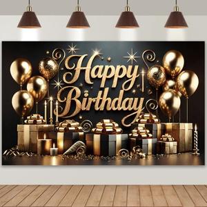 Black Glod Birthday Party Backdrop Luxury Black Glod Happy Birthday Banner Photography Background for Home Decorations Party Supplies 70.8 x 47.2 Inch