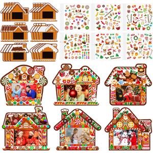 24 Pack Christmas Gingerbread House Bulk DIY Picture Frame Gingerbread House Craft Gift Kit Christmas Photo Frame for Tree Xmas Party Holiday Decorations(Brown)