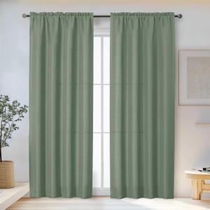 OWENIE Bob Green Curtains 84 Inches Long 2 Panels Set for Living Room Bedroom, Light Filtering Rod Pocket Faux Linen Textured Soft Elegant Curtain Drapes, 2 Pcs Each 40Wx84L Inch