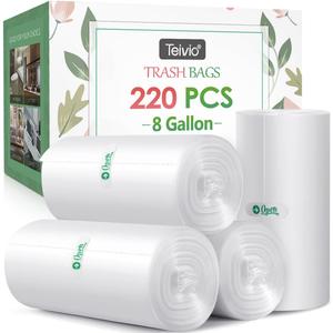 8 Gallon 220 Counts Unscented Medium Trash Bags,Fit 7,8,9,10 Gal Garbage Bags by Teivio, 30 Liter Thick Bathroom Can Bin Liners,Plastic Bags for Home Office Kitchen, Clear