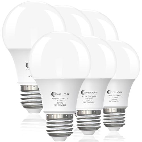 Evelor 5Pack A19 LED Light Bulbs,60 Watt Equivalent Daylight 5000K with E26 Base,Efficient 9W,800 Lumens Non-Dimmable LED Bulbs,15000 Hours, Ideal for Bedroom Living Room,5 Pcs
