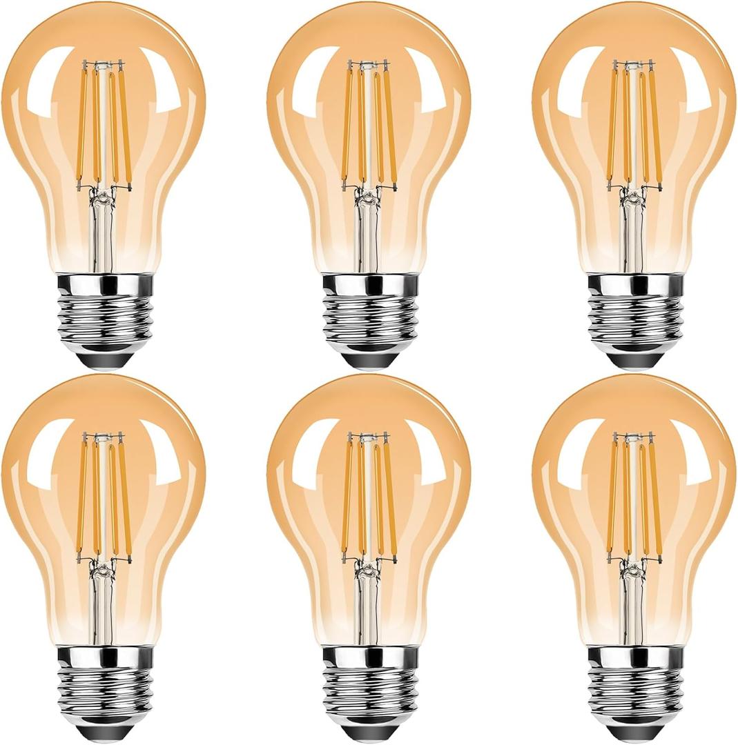 A19 Vintage LED Edison Light Bulbs,2.5W(25W Equivalent) 250LM Warm White 2500K LED Edison Bulb for Home, Wall Sconce, Chandelier,Non-Dimmable,Amber Glass,E26 Base,6 Packs