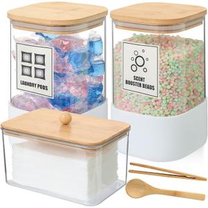 3 Pack Glass Laundry Pods Container with Bamboo Lid, Acrylic Dryer Sheet Holder, Laundry Detergent Powder Storage Containers with Stickers, Glass Storage Jar Set for Laundry Room Organized