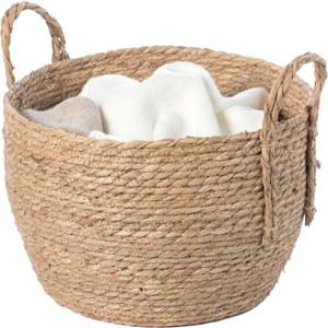 Vintiquewise Decorative Round Wicker Woven Rope Storage Blanket Basket with Braided Handles - Medium (Brown)