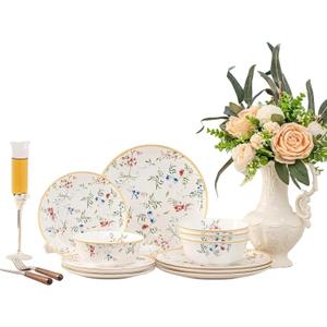 FHGNYSM Delicate Floral Dinnerware Set for 4,12-Piece Porcelain Lightweight Plates and Bowls Sets with Fine Sprigs and Blossoms, Ceramic Kitchen Dinner Set with Thin Gold Rim(English Garden Style)