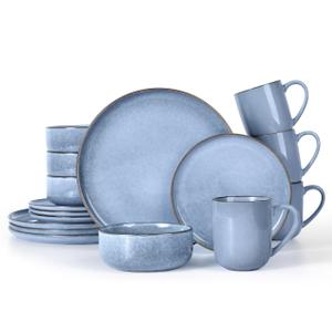 LIANYU 16 Piece Dinnerware Set with Cups, Stoneware Plates and Bowls Set for 4, Kitchen Dining Dinnerware Dish for Dessert Salad Pasta, Microwave & Dishwasher Safe, Serenity Blue