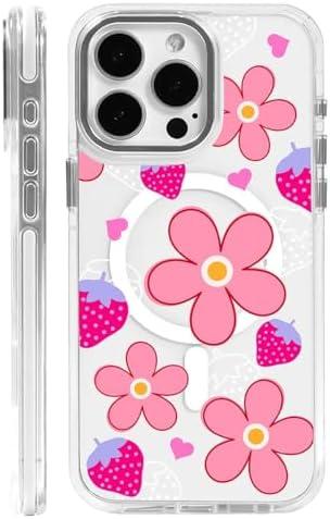 OKBUOK for iPhone 16 Pro Max Case [Compatible with Magsafe],Girls Women Clear Magnetic Case Silicone Shockproof Protective Cover with Pattern Pink Strawberry Flowers