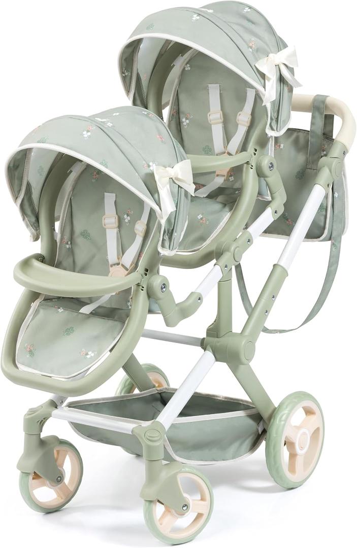 Bayer Design: Doll Pram Xeo Twin - Green & Flowers - Push Stroller, Adjustable Seats & Handle, Foldable, Handbag, Toy Seats 2 Dolls Up to 18", Kids 3+