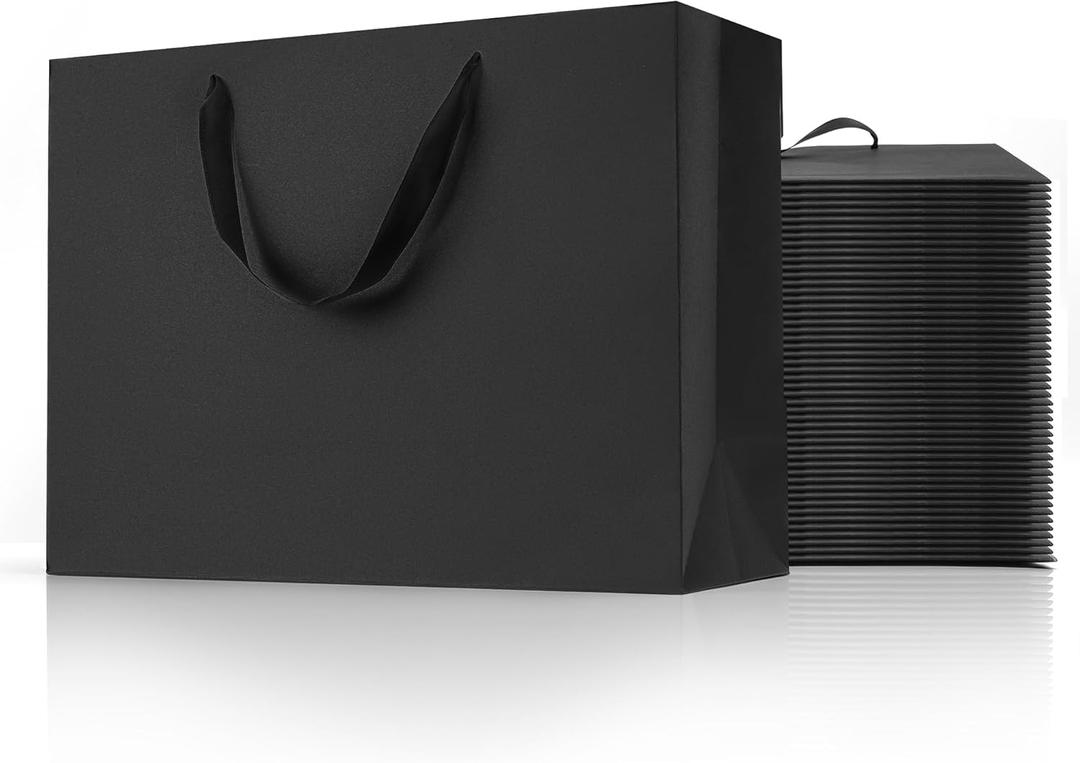 MOXARYSU Extra Large Black Gift Bags: 16x6x12 Inch 48pcs Black Paper Bags With Handles Bulk For Party Shopping Birthday Wedding (XL,48)