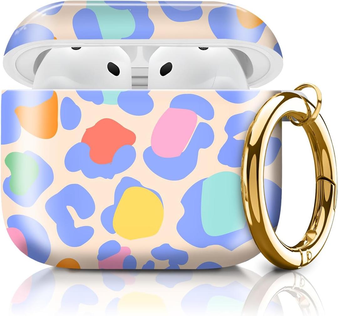 Cute Case Cover Compatible with AirPod 4th Generation 2024, Shockproof for Women & Girls with Cute Golden Round Buckle – Protective, Anti-Drop Design(Colorful Leopard)