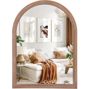 Arch Wood Mirror,22x30 inch Arched Rustic Farmhouse Natural Wooden Frame Boho Beads Wall Mirror for Bathroom,Living Room,Bedroom or Entryway