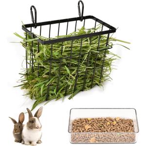 SANGLE SOPFFY Rabbit Feeder and Bunny Food Bowl with Hay Rack for Guinea Pigs, Chinchillas,Holland lop Bunny - Pet Hay Dispenser&Multifunctional Pellet Food Dish (black-2)