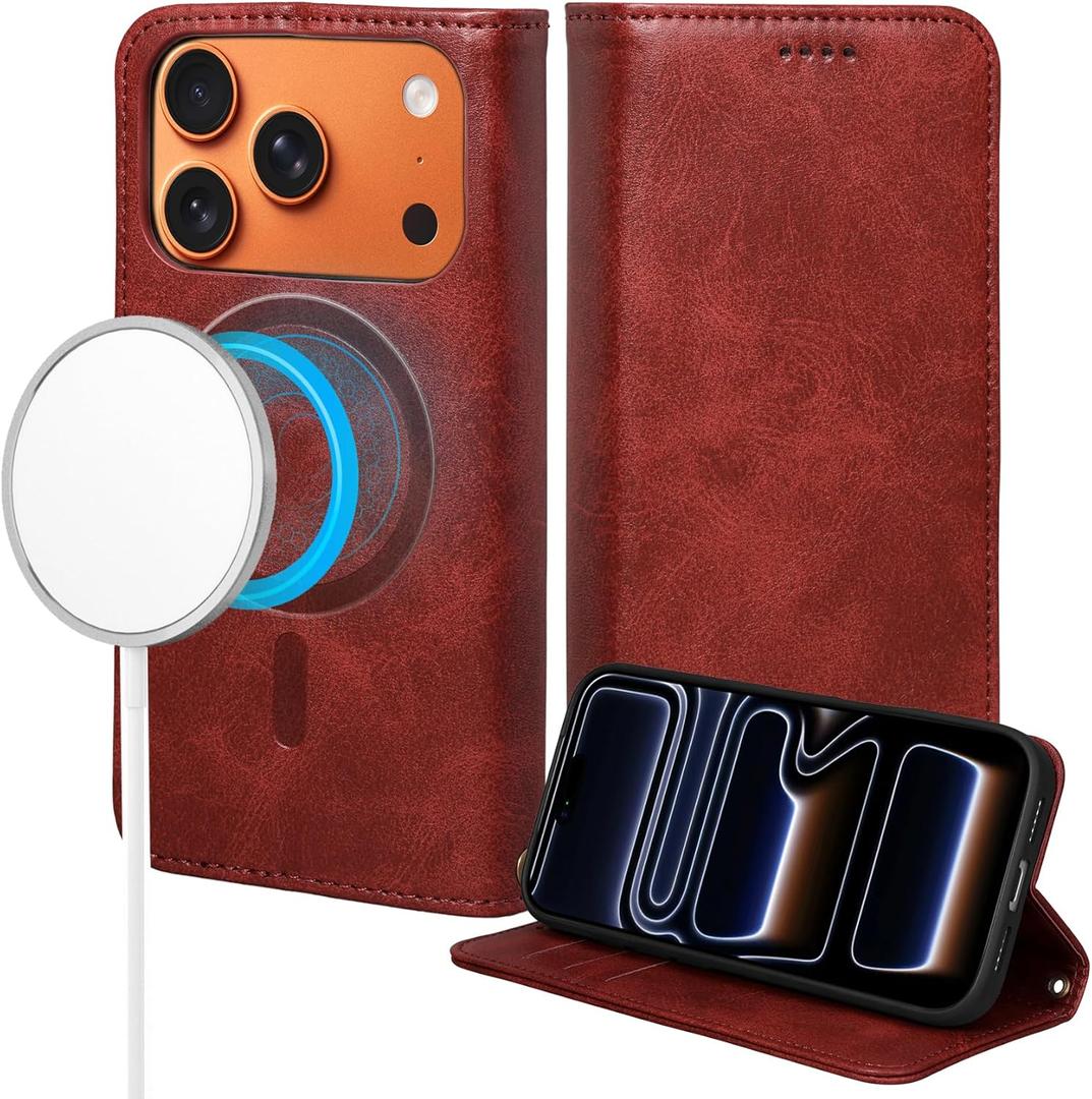 Rssviss for iPhone 17 Pro Wallet Case, Flip Folio Case Compatible with Magsafe, RFID Blocking Card Holder Kickstand, Shockproof iPhone Cover Men Women for iPhone 17 Pro 6.3" Red