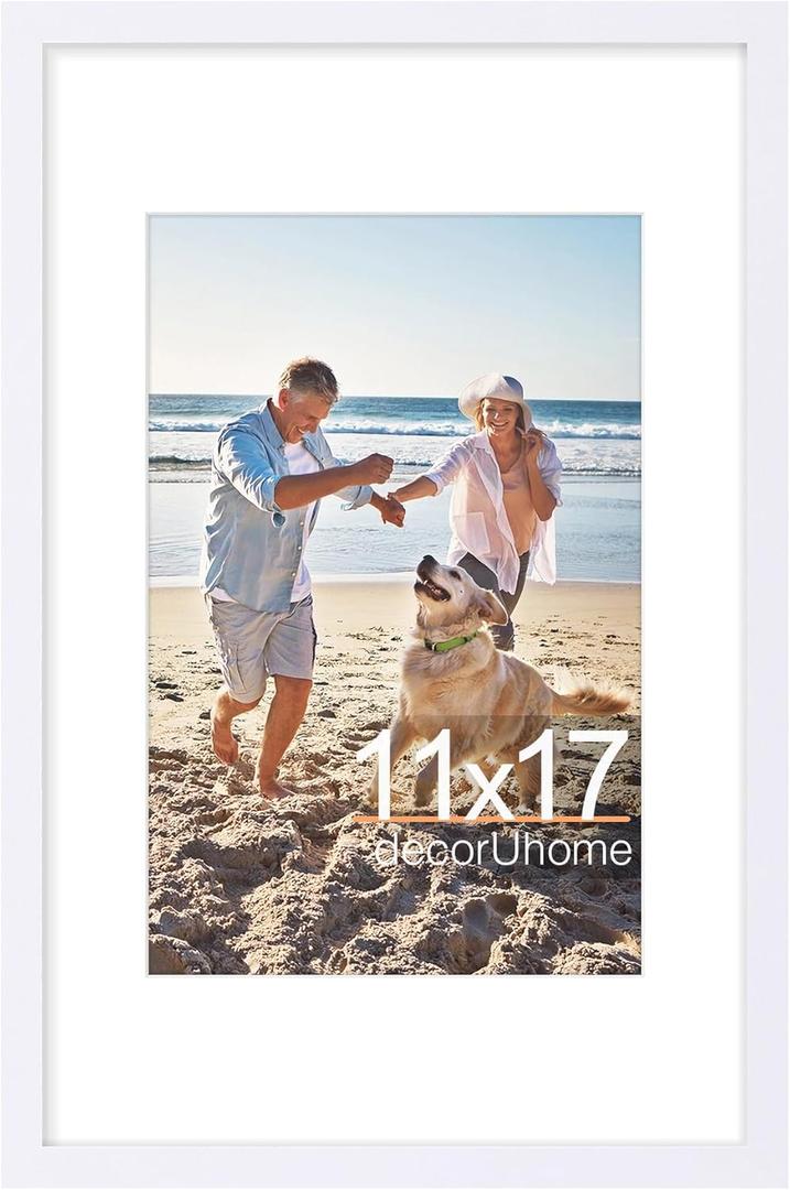 decorUhome 11x17 Picture Frame, Display Pictures 8x12 with Mat or 11x17 without Mat, Wall Hanging Poster Frame, White, 1 Pack