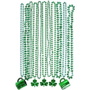 The Dreidel Company St. Patrick's Beer Mug Beads & Shamrock Necklace Variety Pack, Metallic Green, 33 inch (8mm) (12-Pack)
