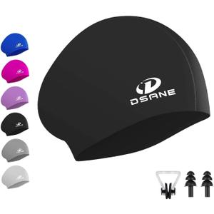Womens Silicone Swim Cap for Long Hair,3D Ergonomic Design Silicone Swimming Caps for Women Kids Men Adults Boys Girls with Ear Plug and Nose Clip (Medium, black)