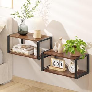 Floating Nightstand Set of 2, Wood Bedside Shelf Wall Mounted Nightstand with Heavy-Duty Frame, Floating Bedside Table for Bedroom, Bathroom, Kitchen, (Vintage Brown, 2 Pack)